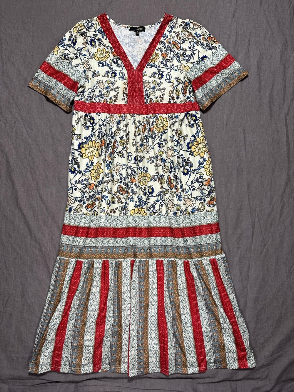 Suzanne Betro Boho Floral Dress with Red Trim